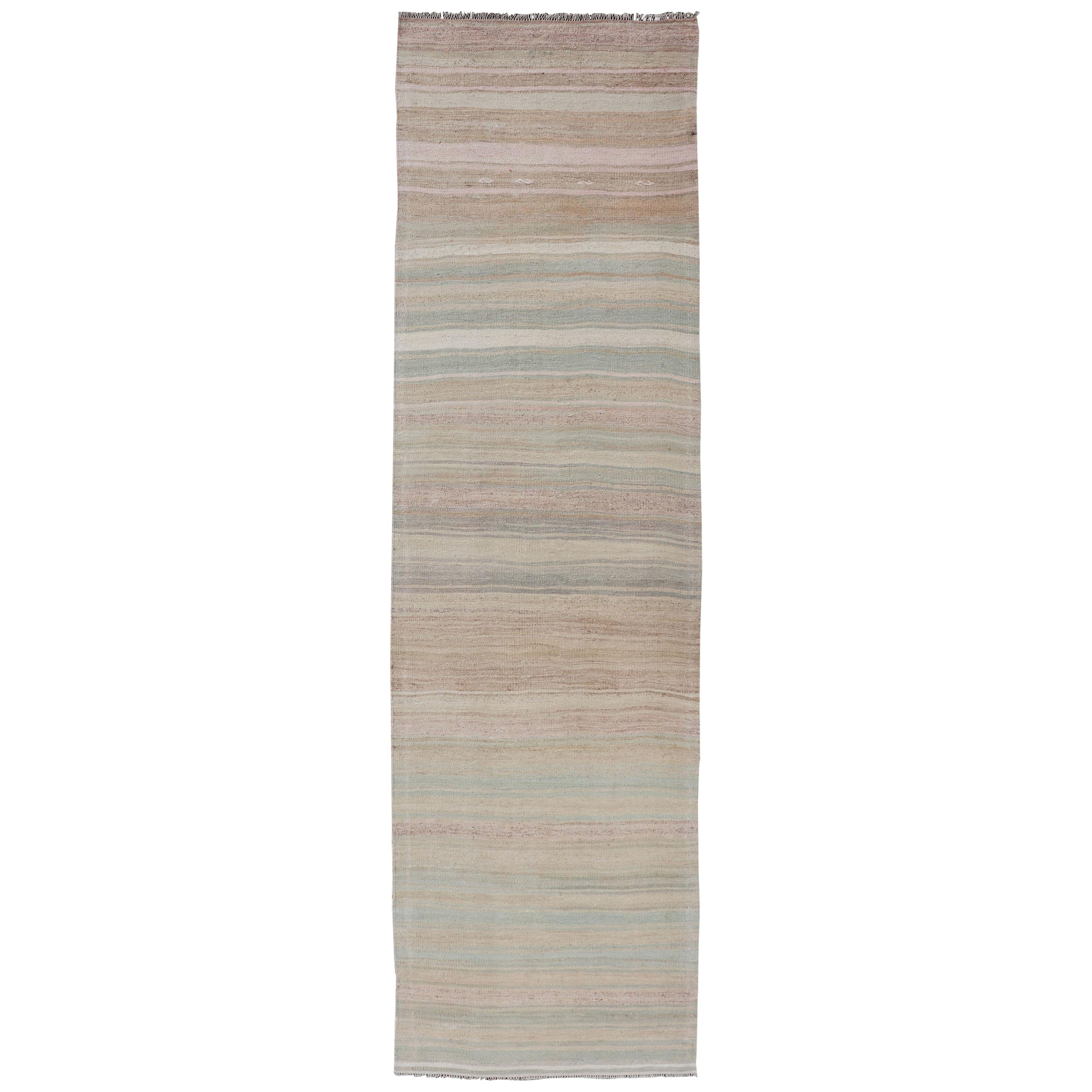 Striped Vintage Turkish Flat-Weave Runner in Light Green, Pink, Tan, and Taupe For Sale