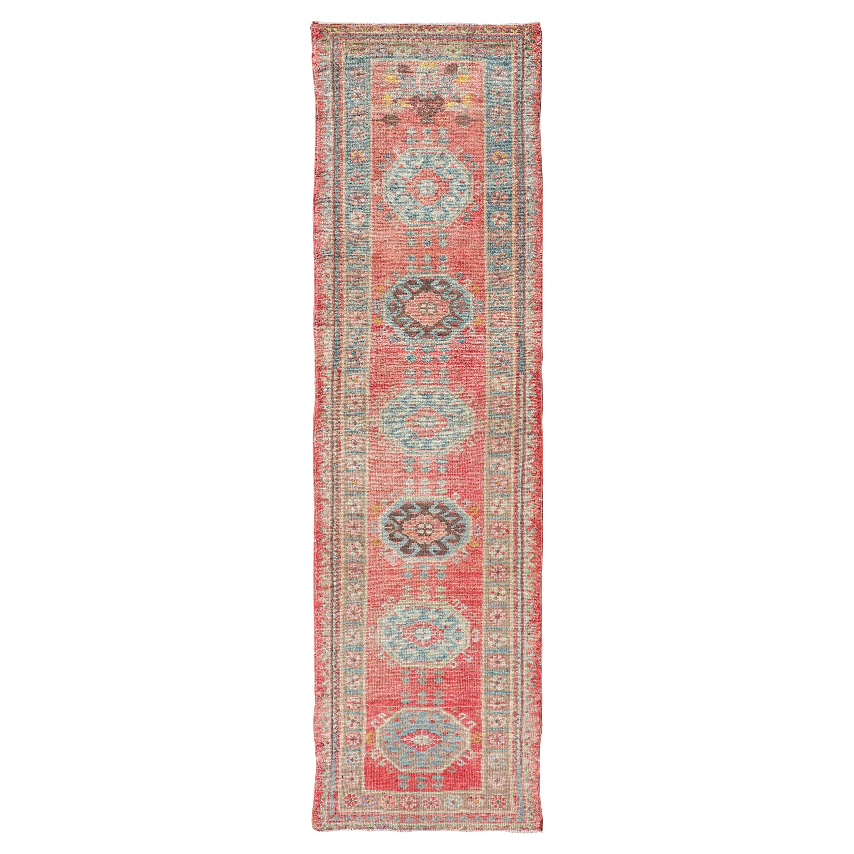 Vintage Hand Knotted Oushak Turkish Runner with Geometric Medallion Design For Sale