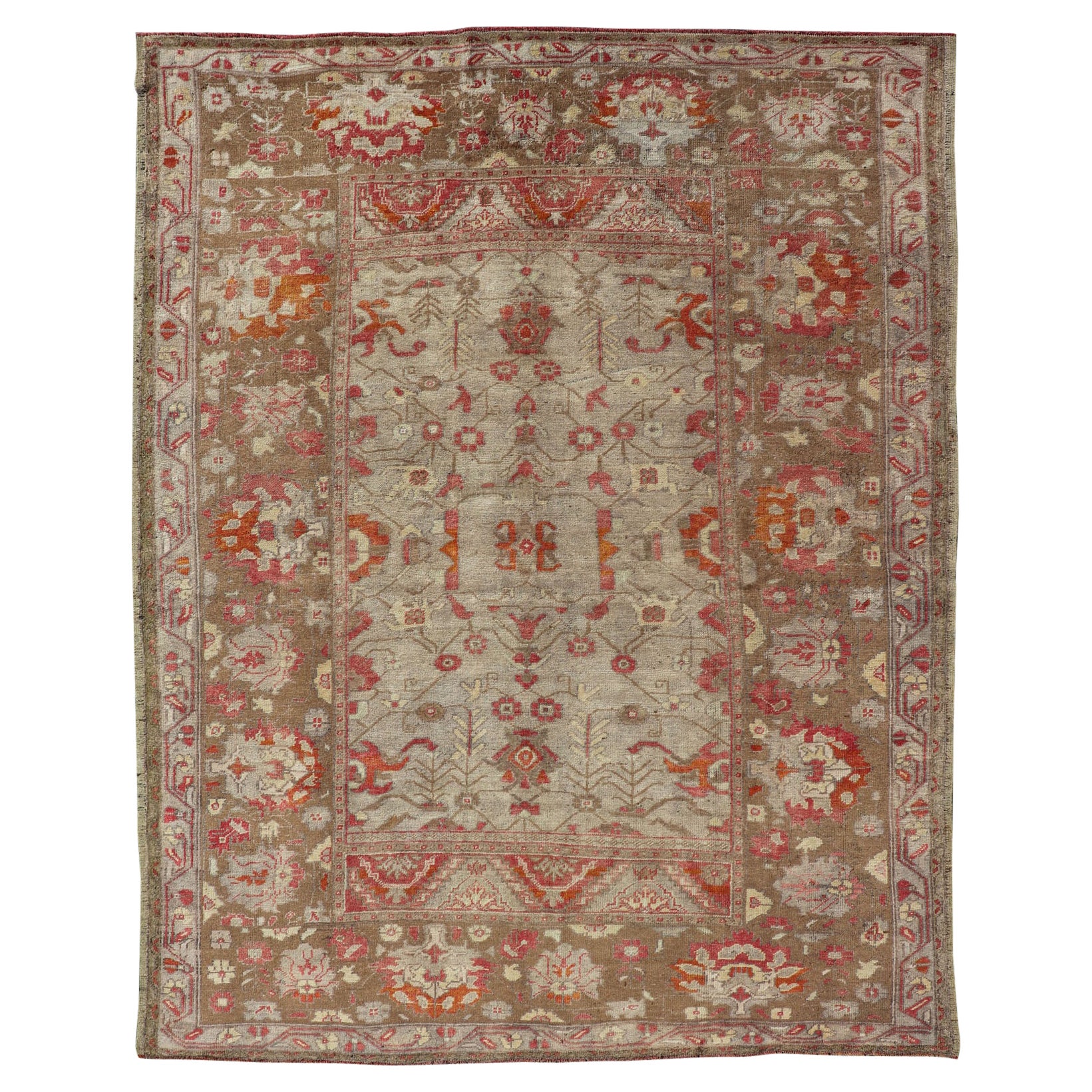 Square Size Antique Turkish Floral Oushak Rug in Green, Red Taupe & Tan For Sale