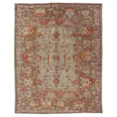 Square Size Vintage Turkish Floral Oushak Rug in Green, Red Taupe & Tan