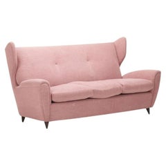 Gio Ponti Style, Mid-Century Modern, Sofa, Pink Fabric, Walnut, Italy, 1970s