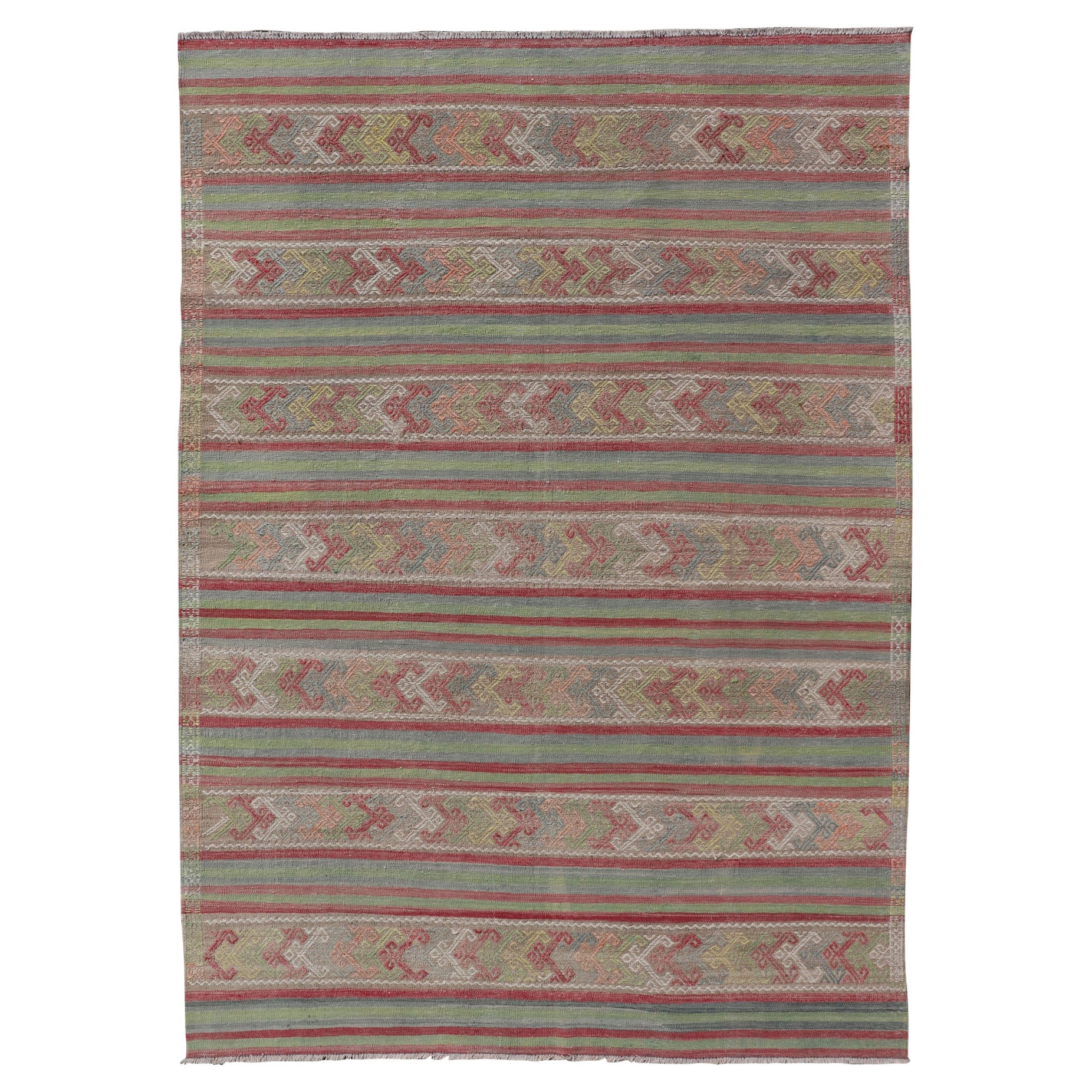 Colorful Vintage Embroidered Kilim with Stripes and Alternating Geometric Motifs For Sale