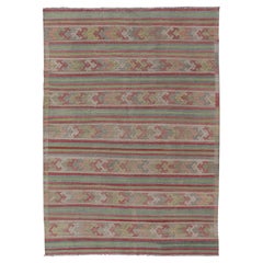 Colorful Vintage Embroidered Kilim with Stripes and Alternating Geometric Motifs