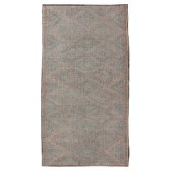 Vintage Turkish Embroidered Flat-Weave Rug with Geometric Design