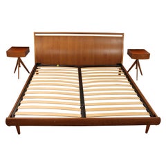 Retro Mid Century Modern Danish Teak King Size Bed w '2' Nightstands