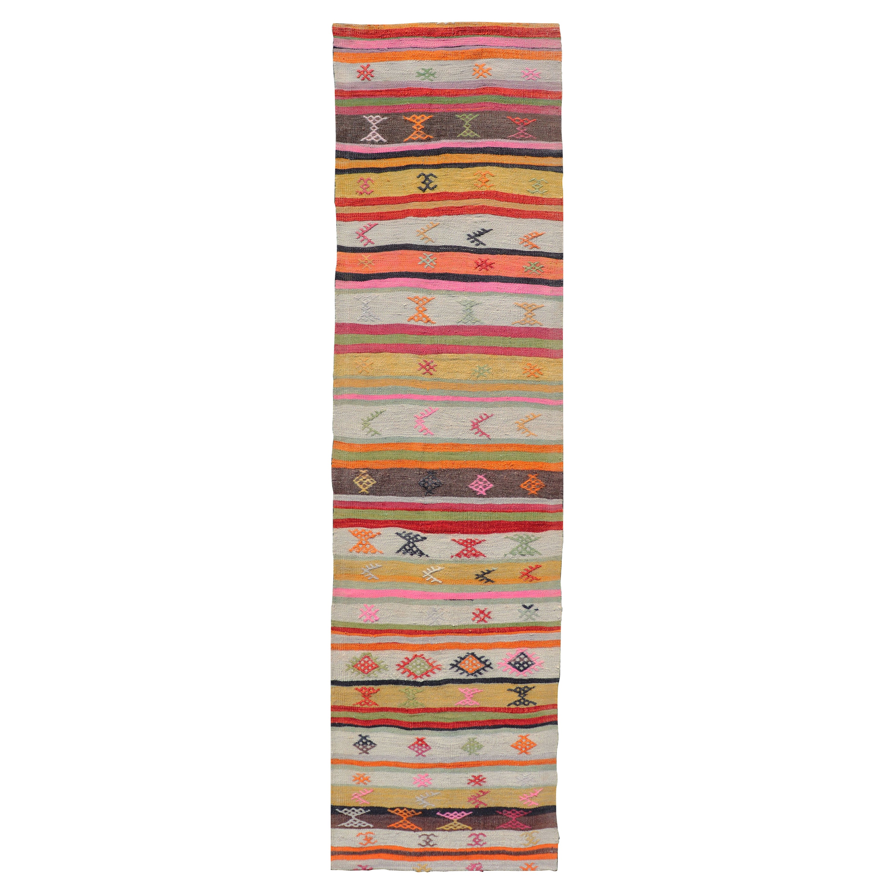 Vintage Hand Woven Turkish Kilim Colorful Stripe Runner with Tribal Motifs