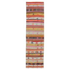 Vintage Hand Woven Turkish Kilim Colorful Stripe Runner with Tribal Motifs