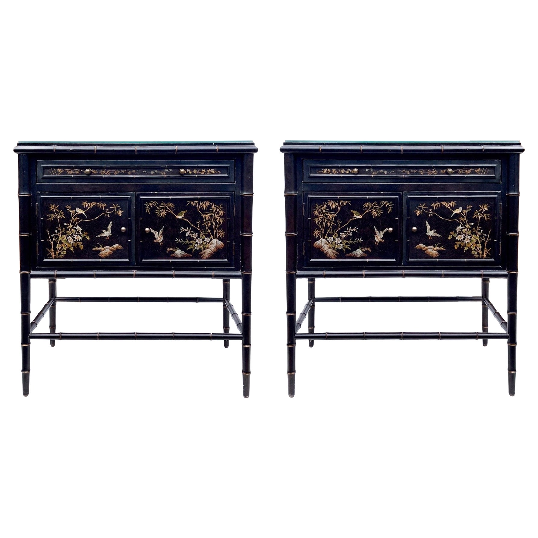 20th-C. Regency Style Faux Bamboo and Chinoiserie Cabinets by Hickory Chair, S/2