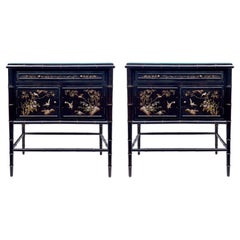 20th-C. Regency Style Faux Bamboo and Chinoiserie Cabinets by Hickory Chair, S/2