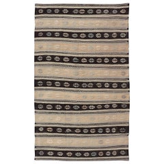 Vintage Hand Woven Turkish Tribal Kilim with Stripes and Tribal Motifs