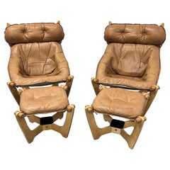 Odd Knutsen Luna Leather Sling Lounge Chairs and Footrests, a Pair