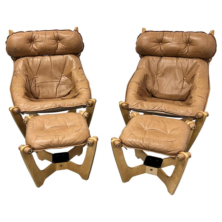 Odd Knutsen Luna Leather Sling Lounge Chairs and Footrests, a Pair at