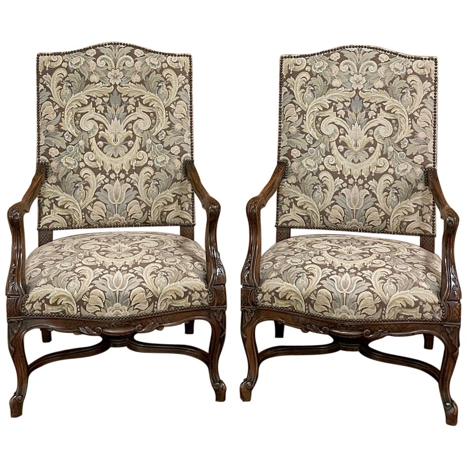 Pair Antique French Louis XV Armchairs with Tapestry Upholstery