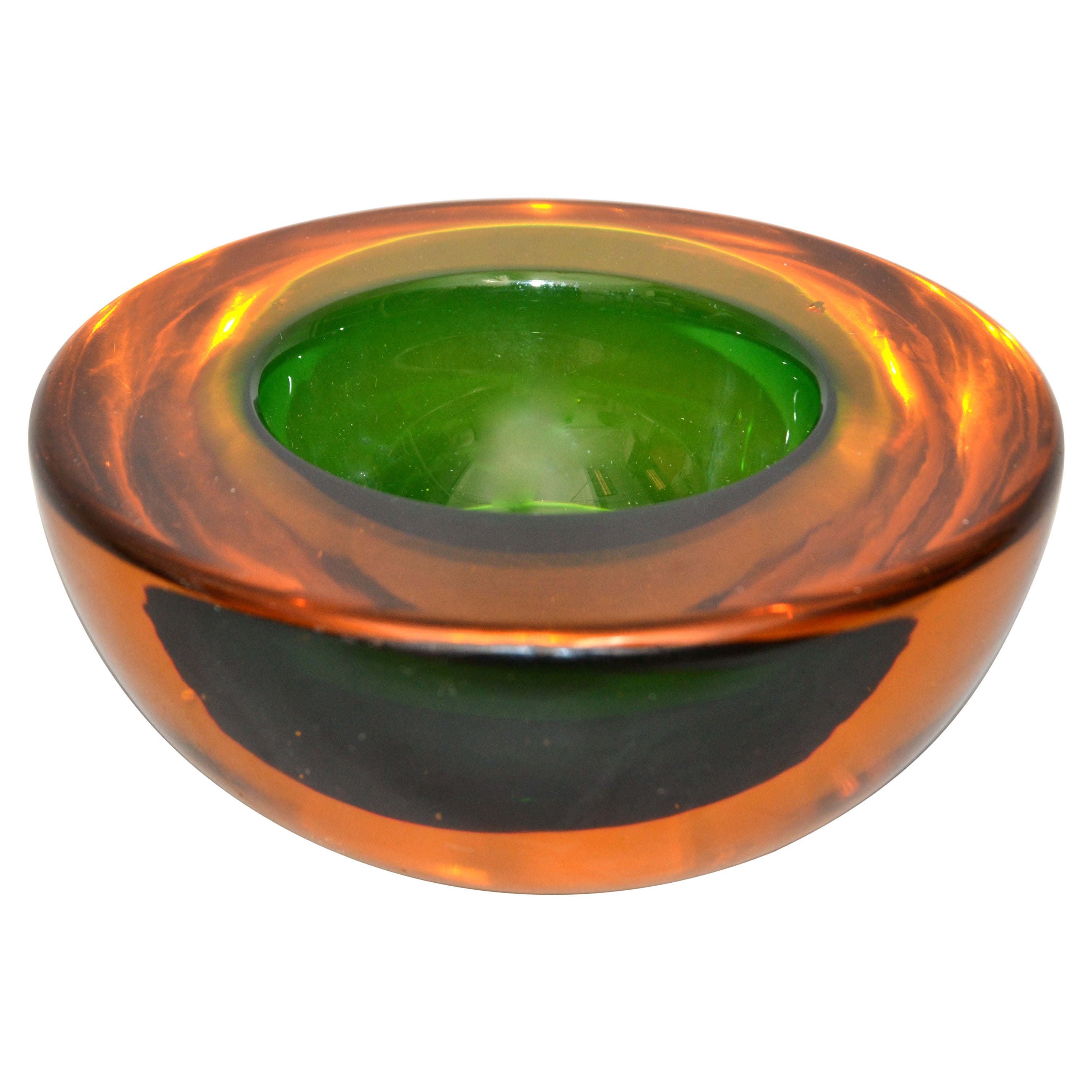 Murano Art Glass Round Amber & Green Blown Glass Catchall Bowl, Italy, 1960 For Sale