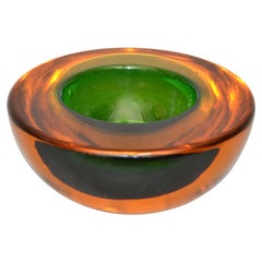 Vintage Murano Art Glass Round Amber & Green Blown Glass Catchall Bowl, Italy, 1960