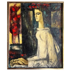 Vintage Mid-Century French School Abstract Portrait Oil Painting