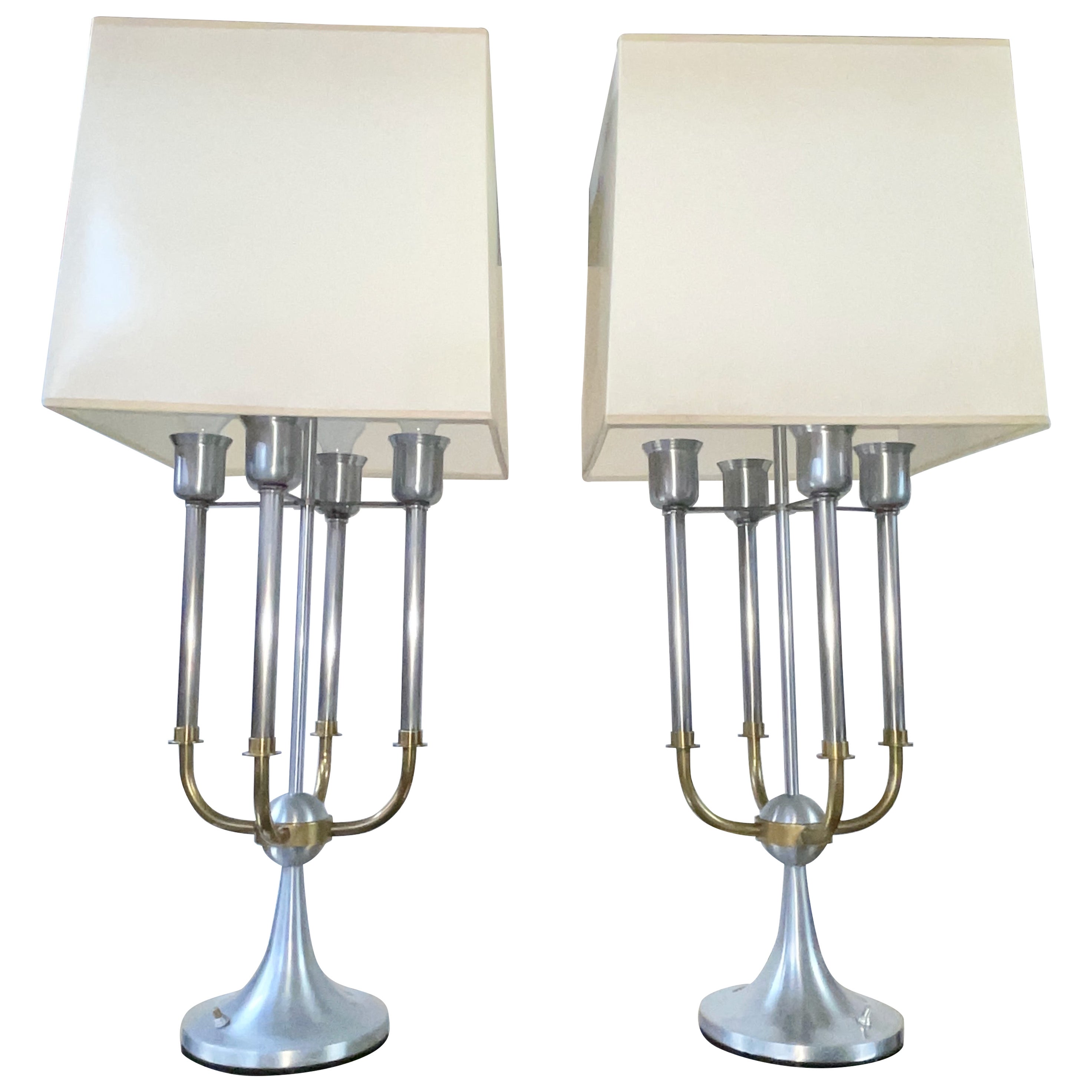 Pair of Modernist Bouillotte Nickel & Brass Table Lamps For Sale