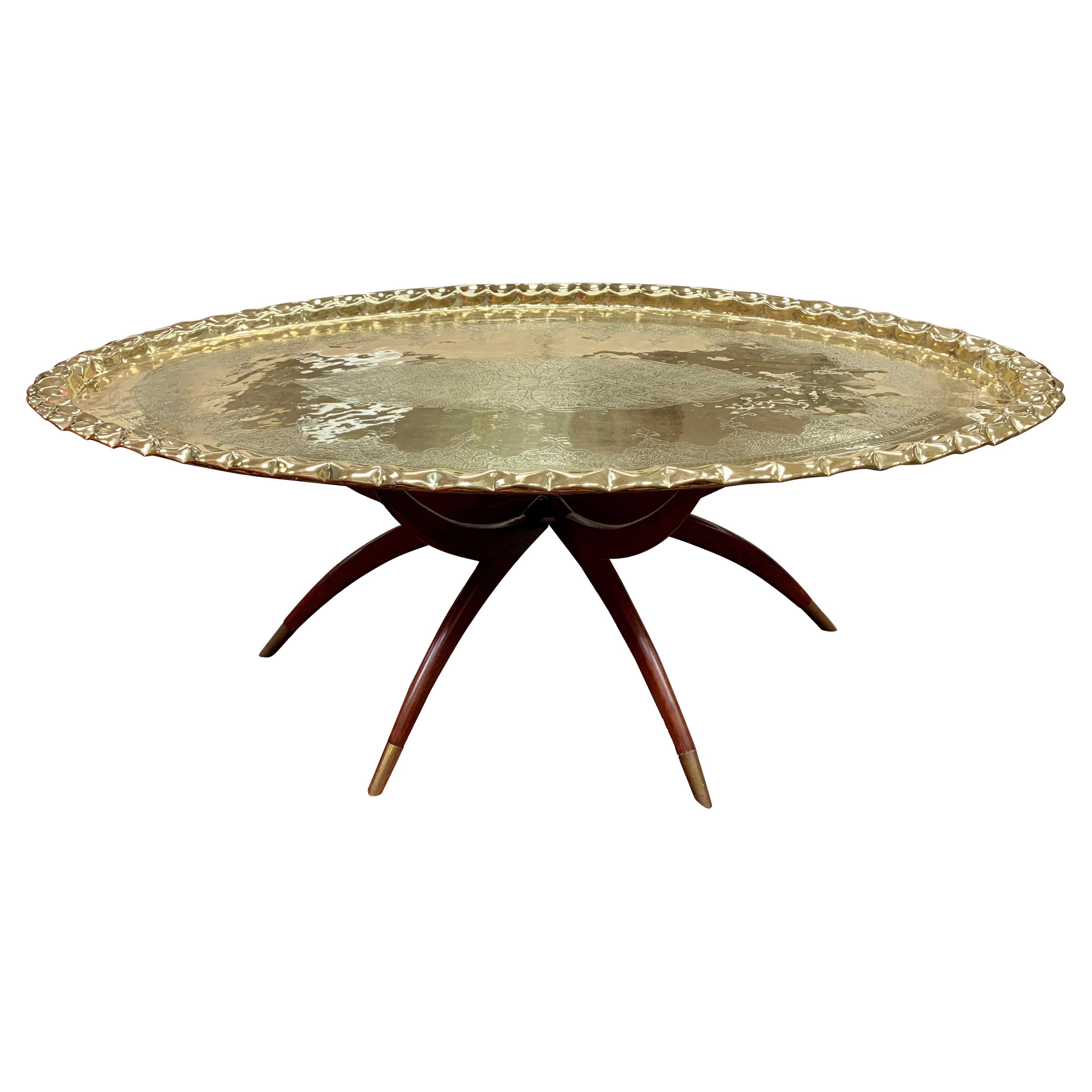 Extra Large Mid-Century Modern Moroccan Oval Brass Tray Table on Folding Stand For Sale