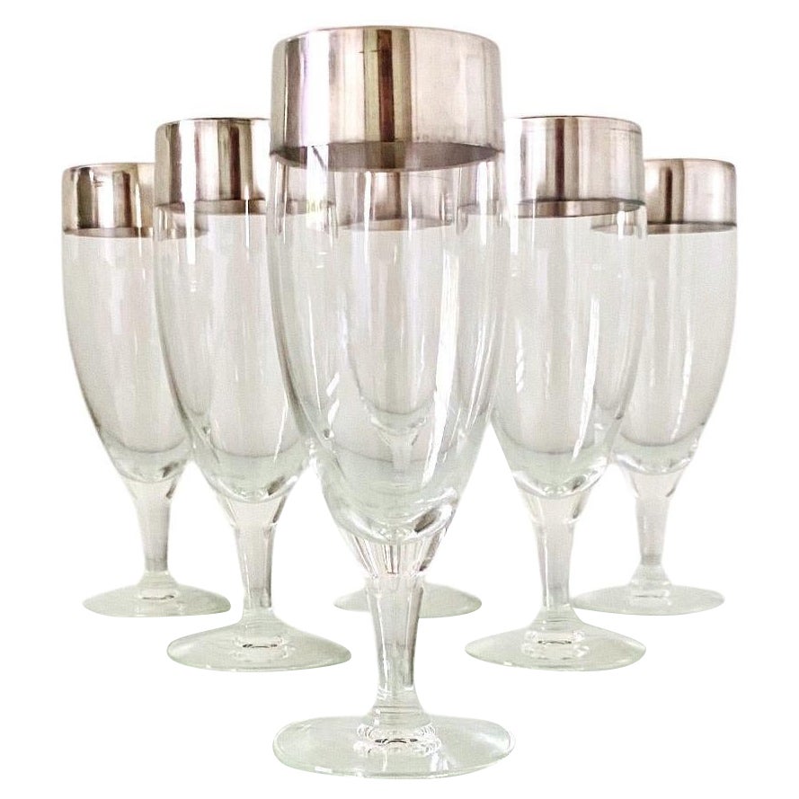 Set of Six Dorothy Thorpe Champagne Flutes with Sterling Silver Overlay, 1950s