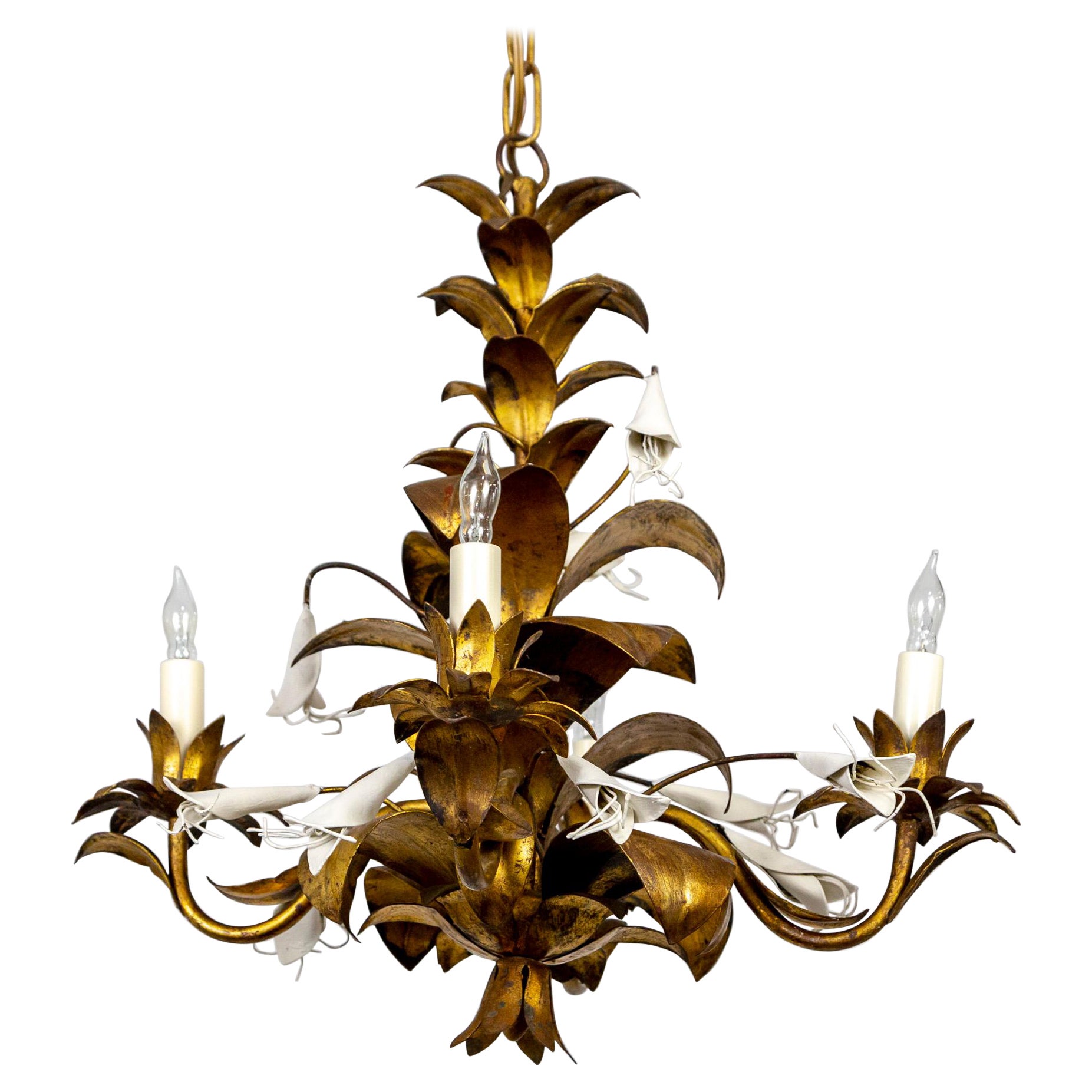Lustre à 4 éclairages italien à motifs botaniques dorés en vente