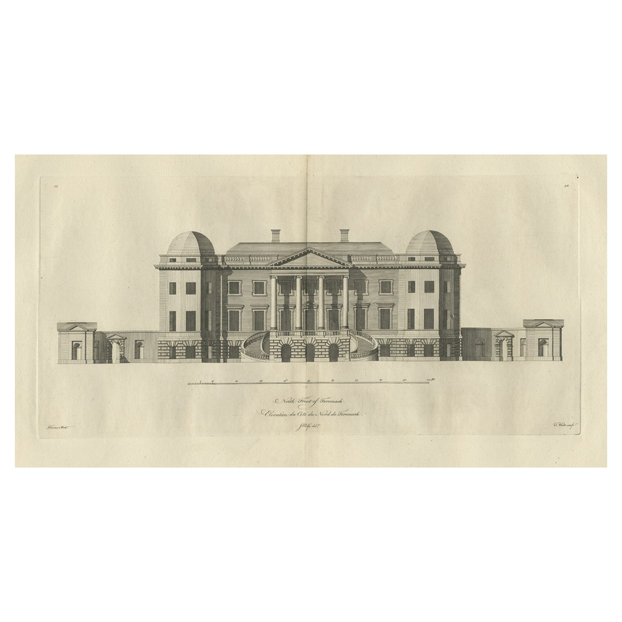 Old Engraving of Foremarke Hall, a Manor House in Derbyshire, England, ca.1770