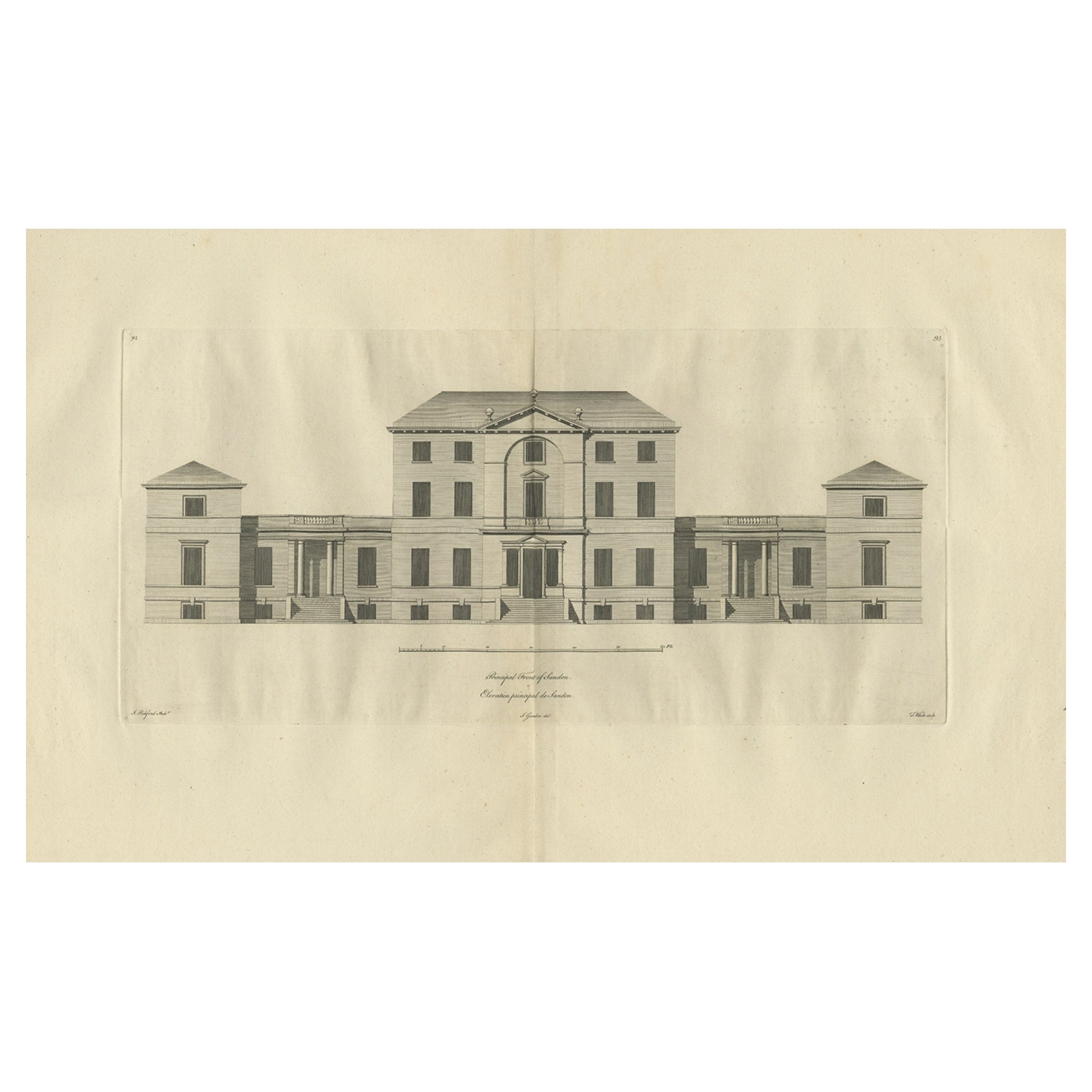 Antique Architectural Elevation of Sandon Hall, Staffordshire in England, c.1770