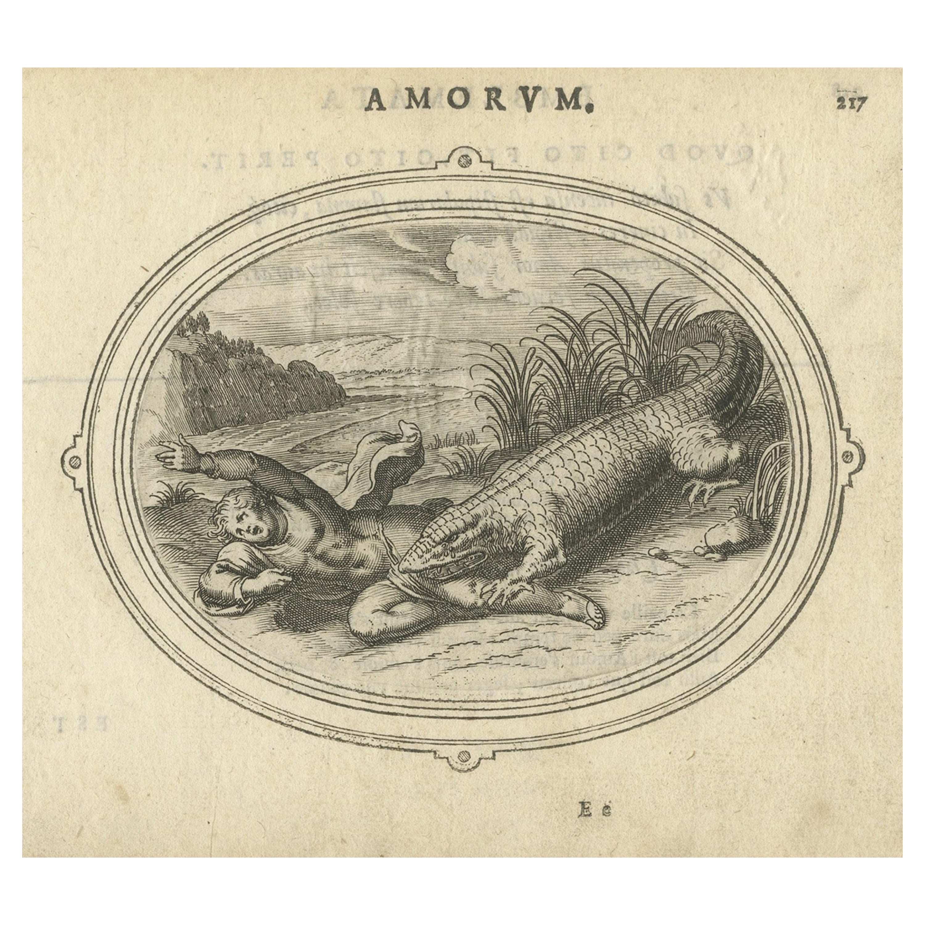 Seltener antiker Druck eines Amors, der von einem Krokodil Eaten wird, um 1608