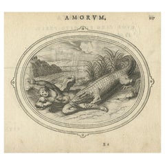Rare Antique Print of A Cupid being Eaten by A Crocodile, ca. 1608