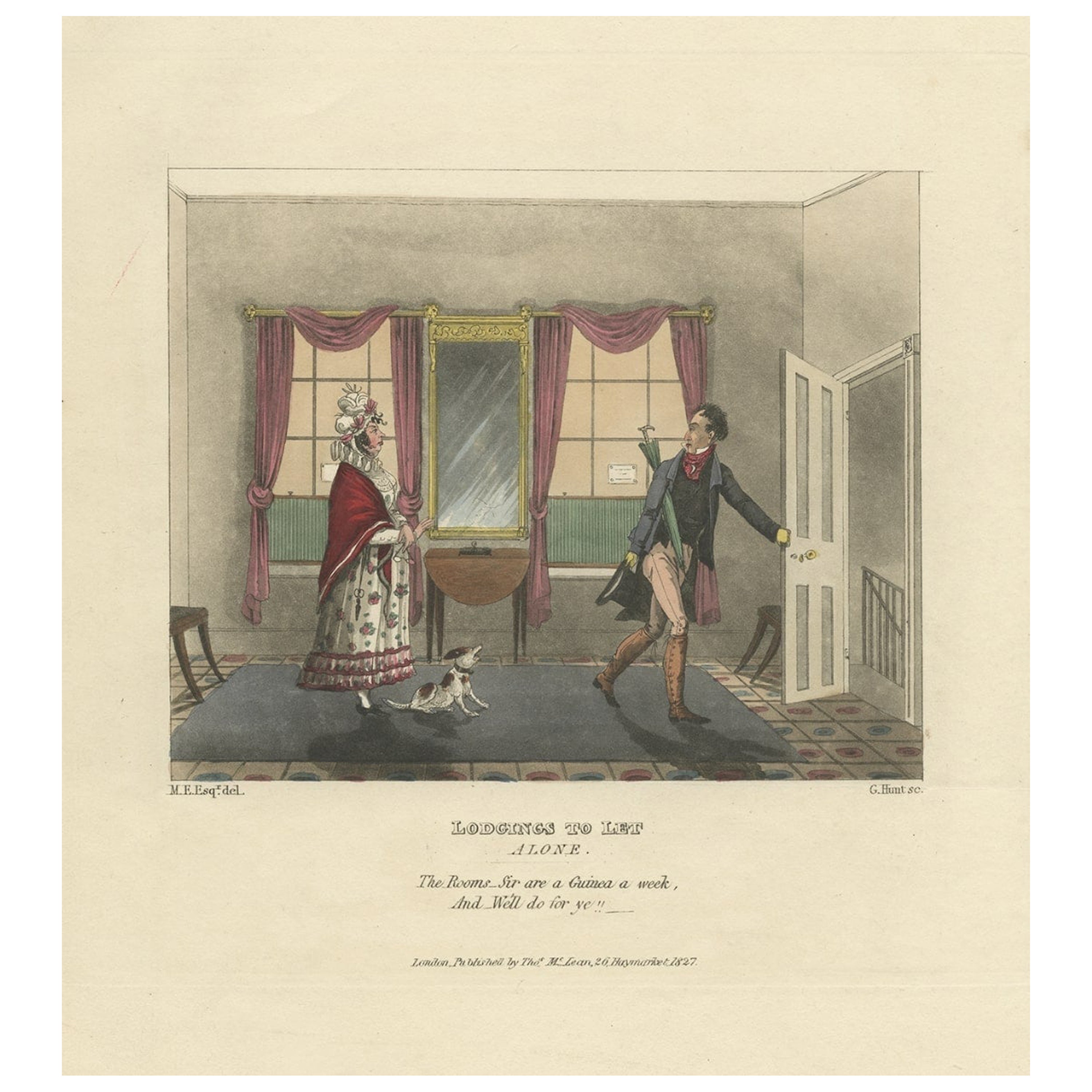 Alter satirischer Druck einer aggressiven Vermieterin, 1827 im Angebot