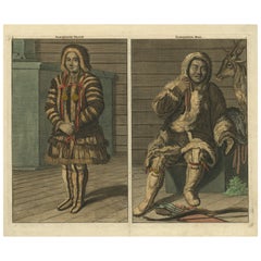Antiker handkolorierter Druck des samojedischen Volkes in Nordrussland, um 1700