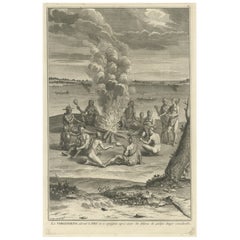 Antique Religious Print of American Indians of Virginia Around a Campfire, c1730