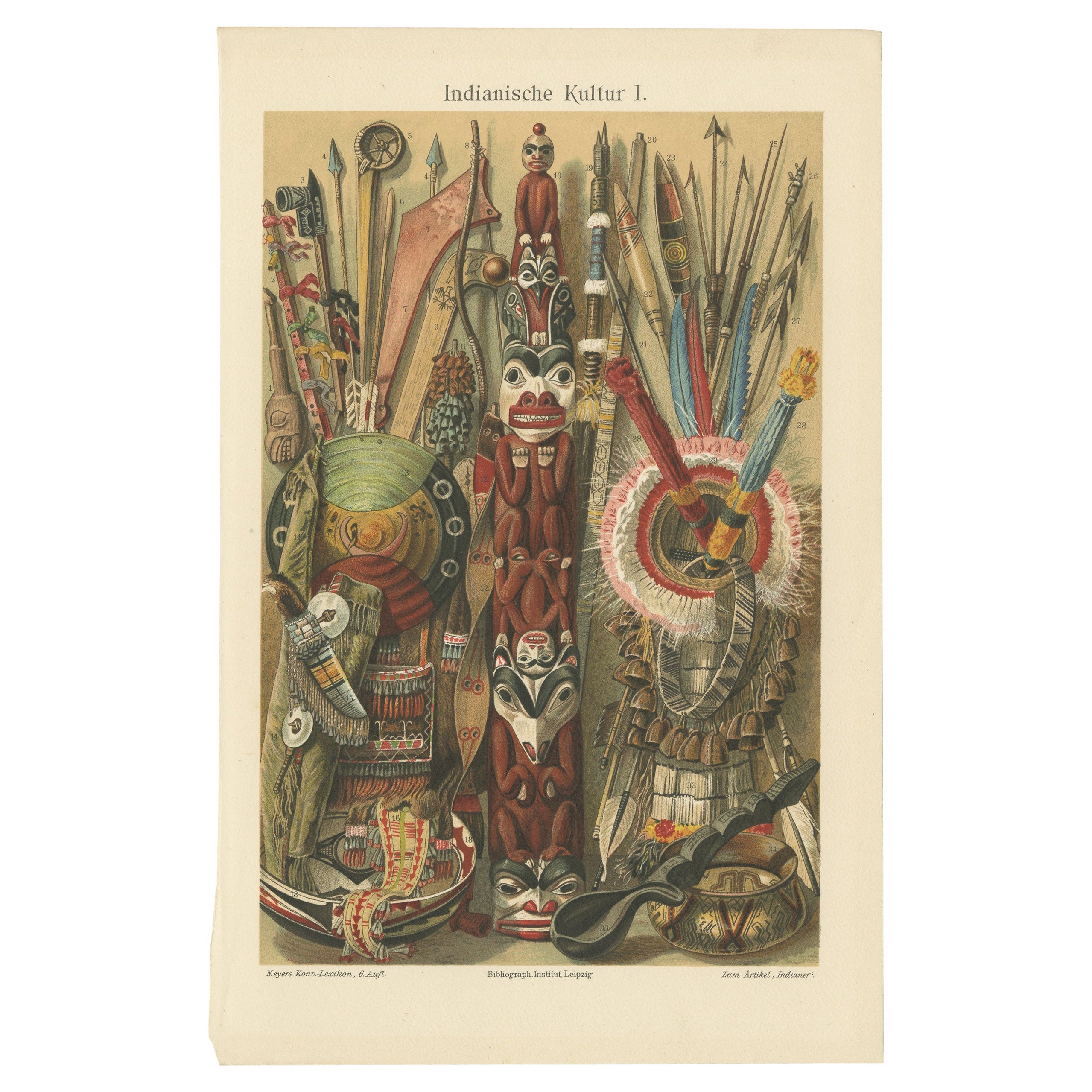 Decoartive Antique Print of Utensils and Weapons of American Indian Tribes, 1908