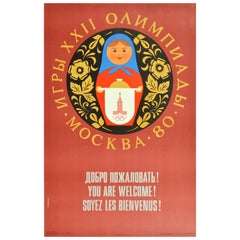 Original Vintage Sport Poster Moscow Olympics '80 Welcome Matryoshka Doll Design