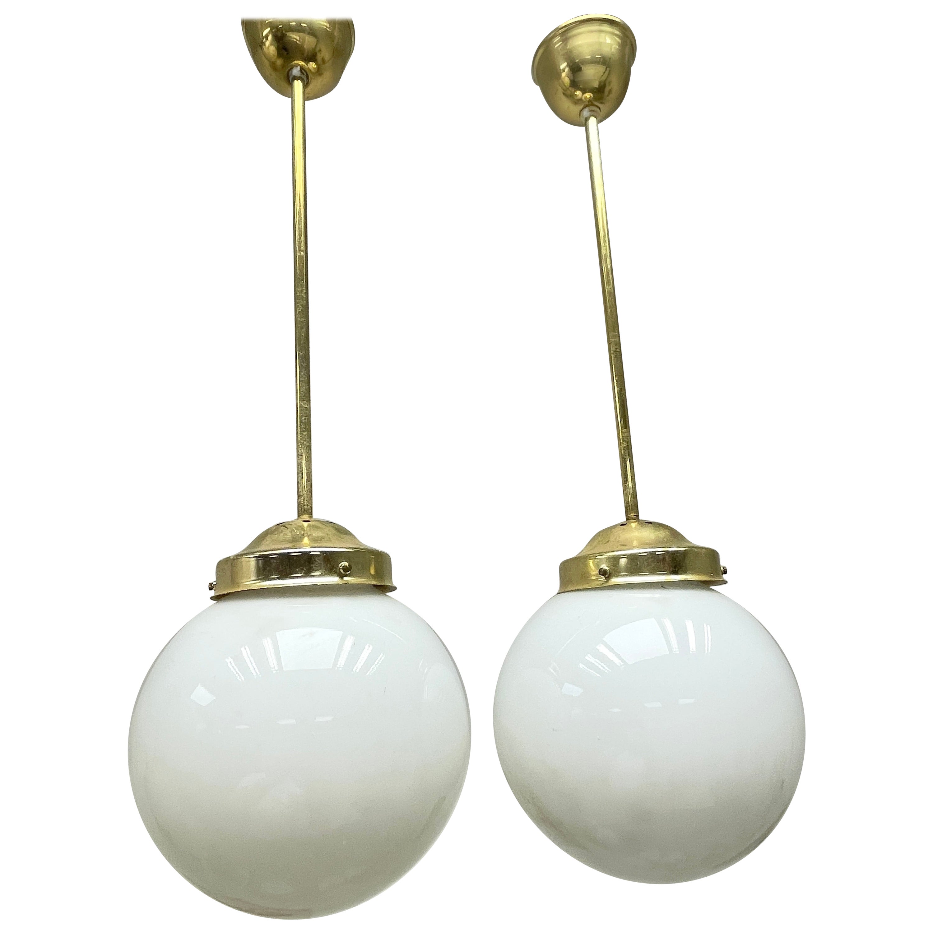 Pair Brass Fixture Pendant Milk Glass Ball Art Deco Style Vintage, Austria