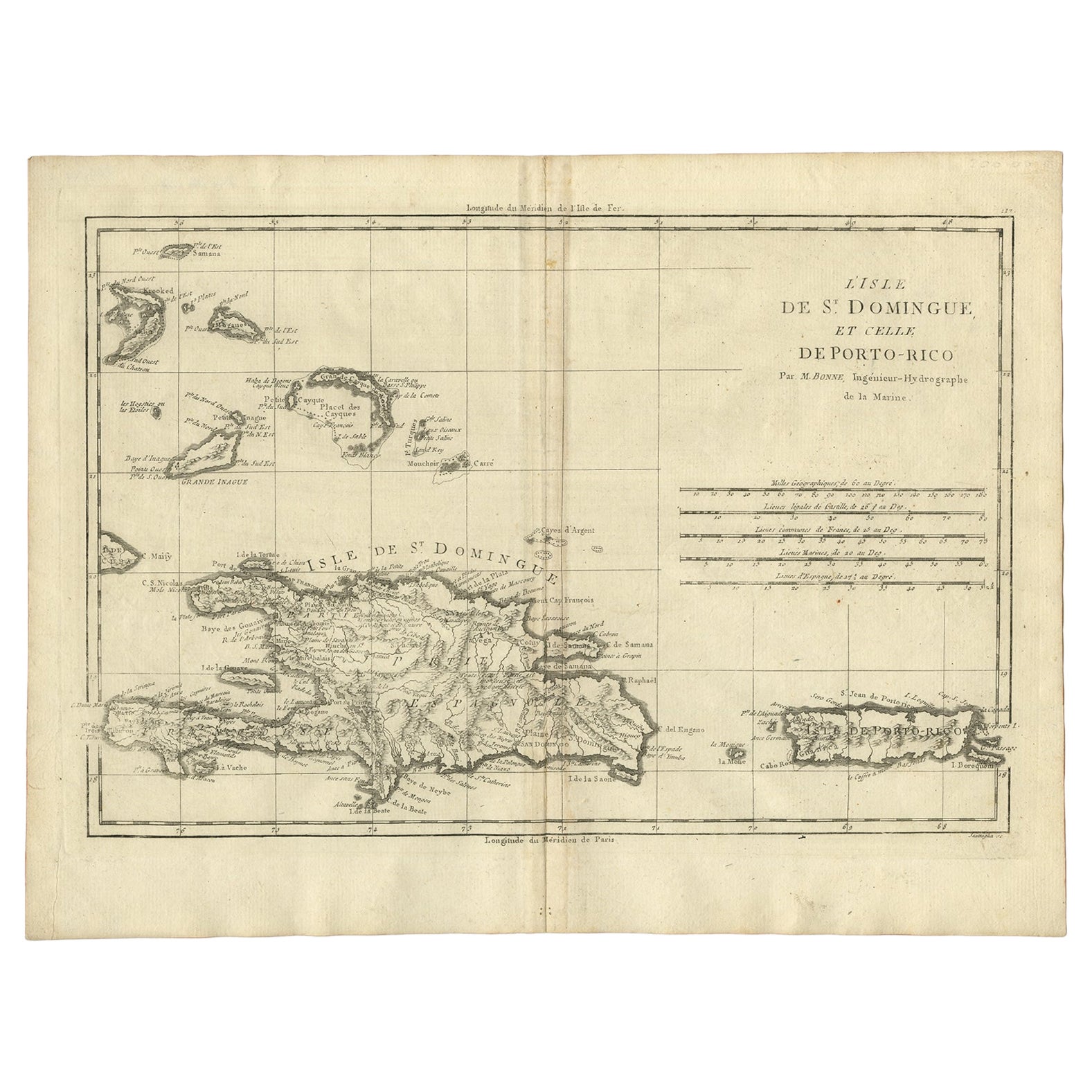 Detailed Antique Map of Santa Domingo, Puerto Rico, Eastern Bahamas, ca. 1780