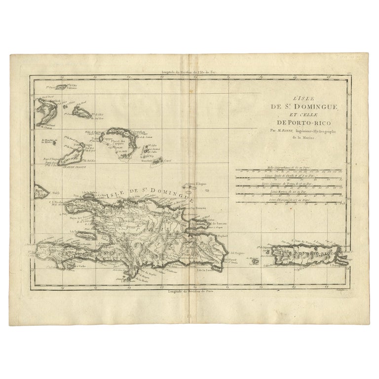 Detailed Antique Map of Santa Domingo, Puerto Rico, Eastern Bahamas, ca. 1780 For Sale