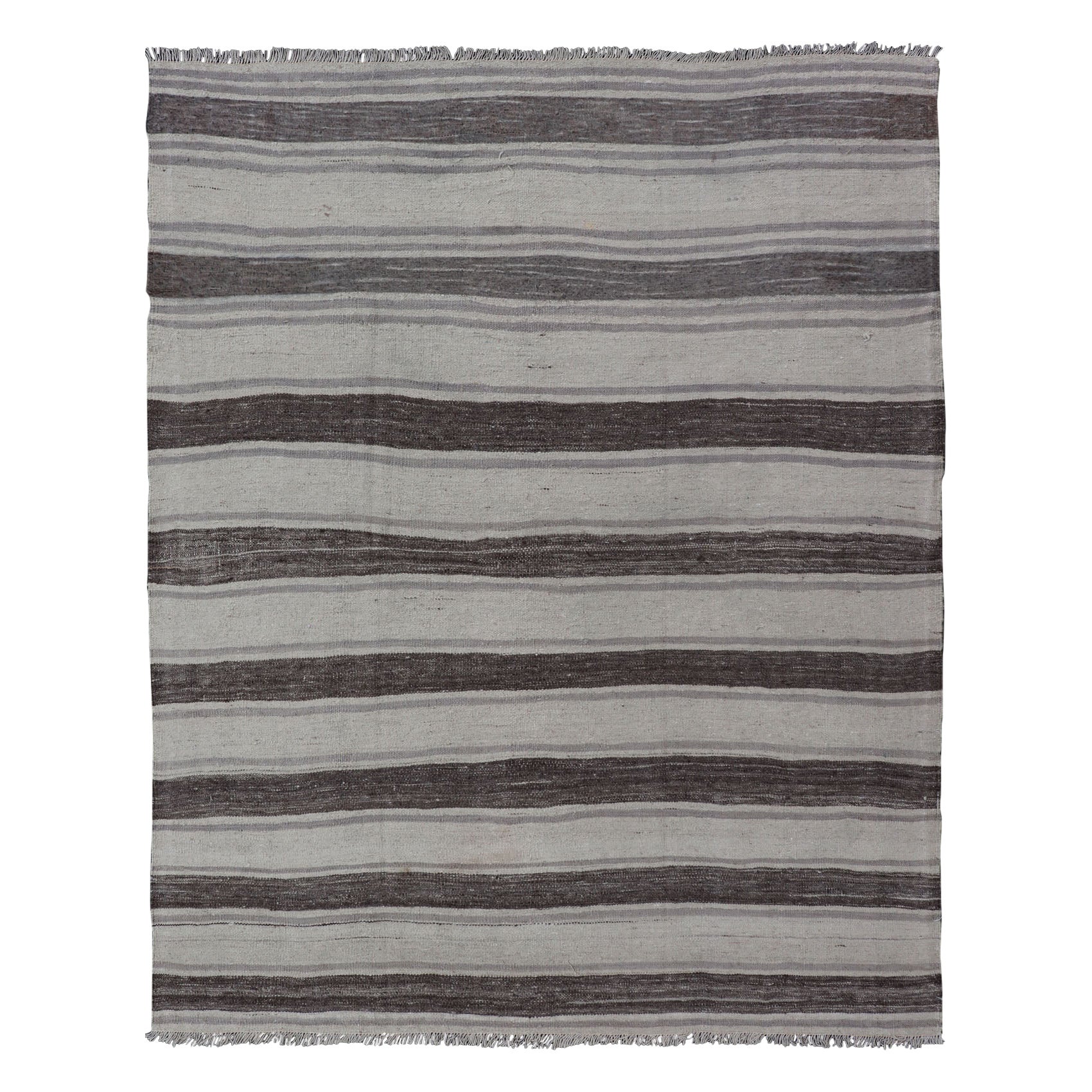 Vintage Flat Weave Turkish Kilim with Stripes in Ivory, Grey, and Charcoal For Sale
