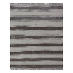 Retro Flat Weave Turkish Kilim with Stripes in Ivory, Grey, and Charcoal