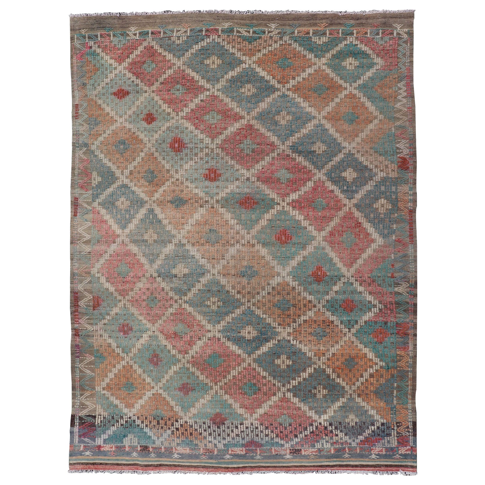 Vintage Turkish Kilim with All-Over Geometric Diamond Design in Multicolor For Sale