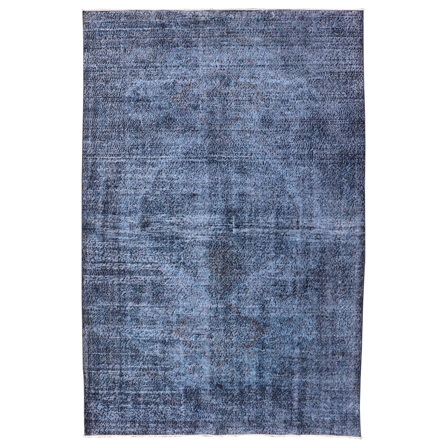 Vintage Hand Knotted Turkish Overdyed Oushak Rug in Dark Blue and Charcoal For Sale