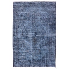 Vintage Hand Knotted Turkish Overdyed Oushak Rug in Dark Blue and Charcoal