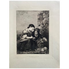 Used B.Esteban Murillo "Les Marchands De Fruits" Engraving by Albert Artigue XIXe