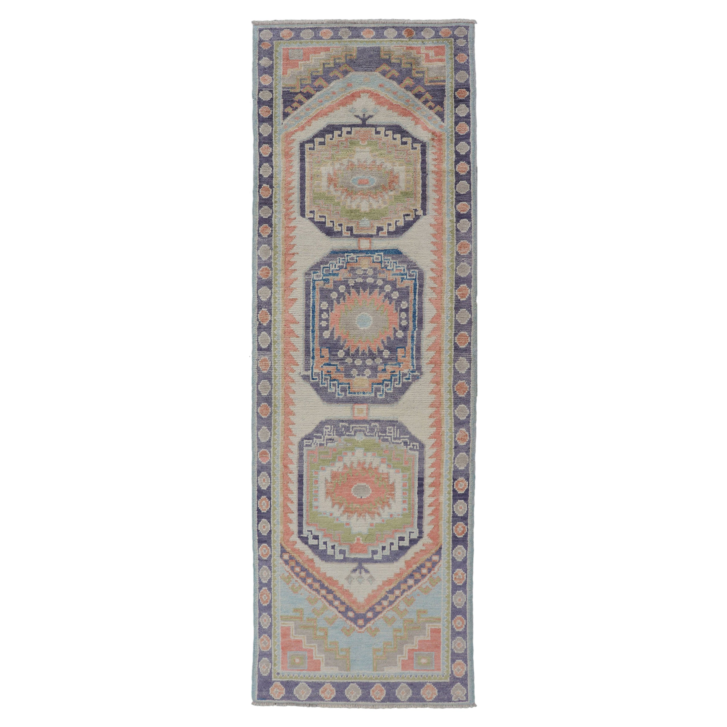 Turkish Hand Knotted Oushak Runner with Medallion Design with Multicolor For Sale