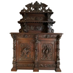 19th Century French Carved Oak Renaissance Hunt Cabinet Sideboard