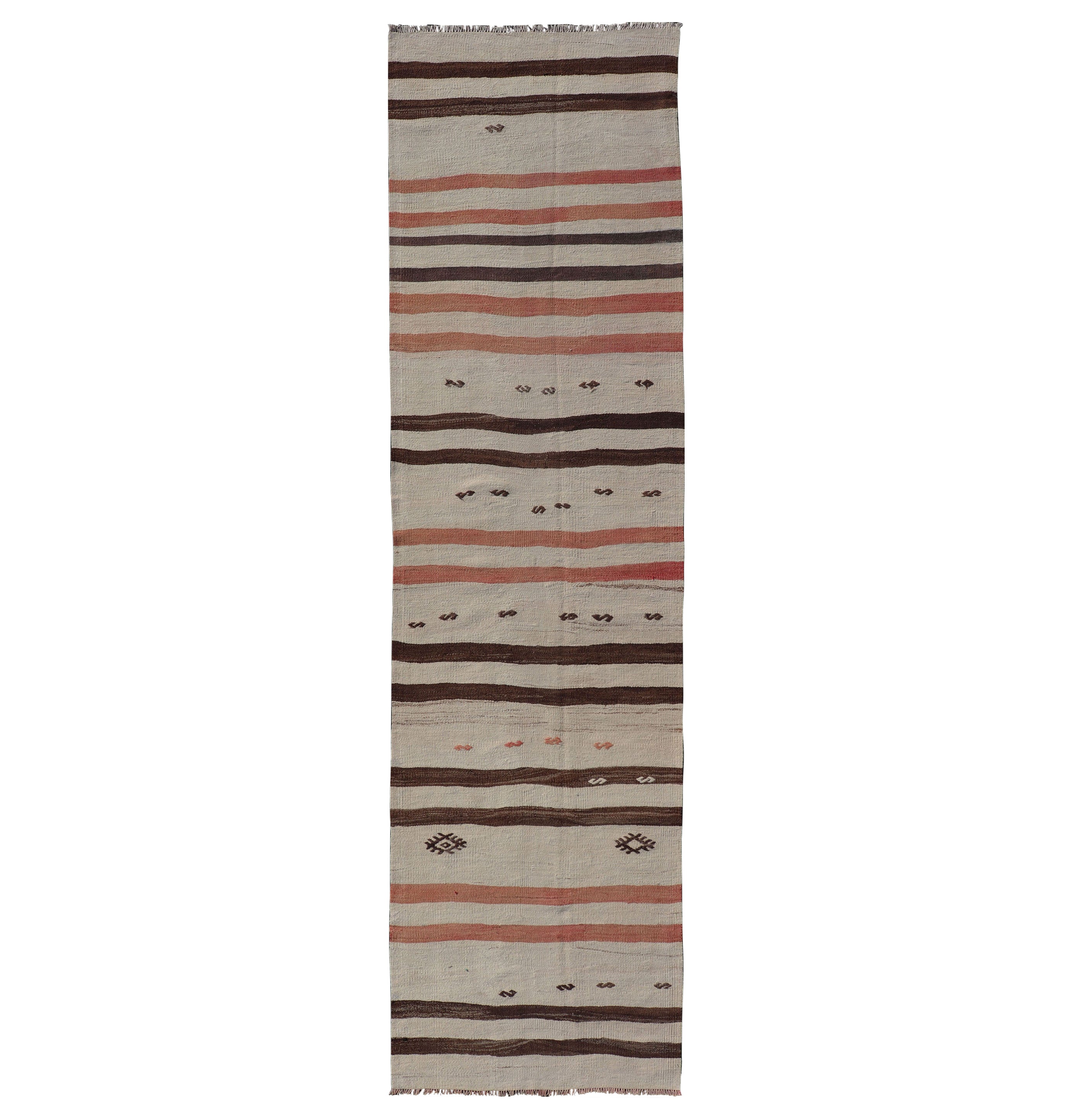 Vintage Turkish Kilim Runner with Stripes in Cream, Brown & Soft Coral Color For Sale