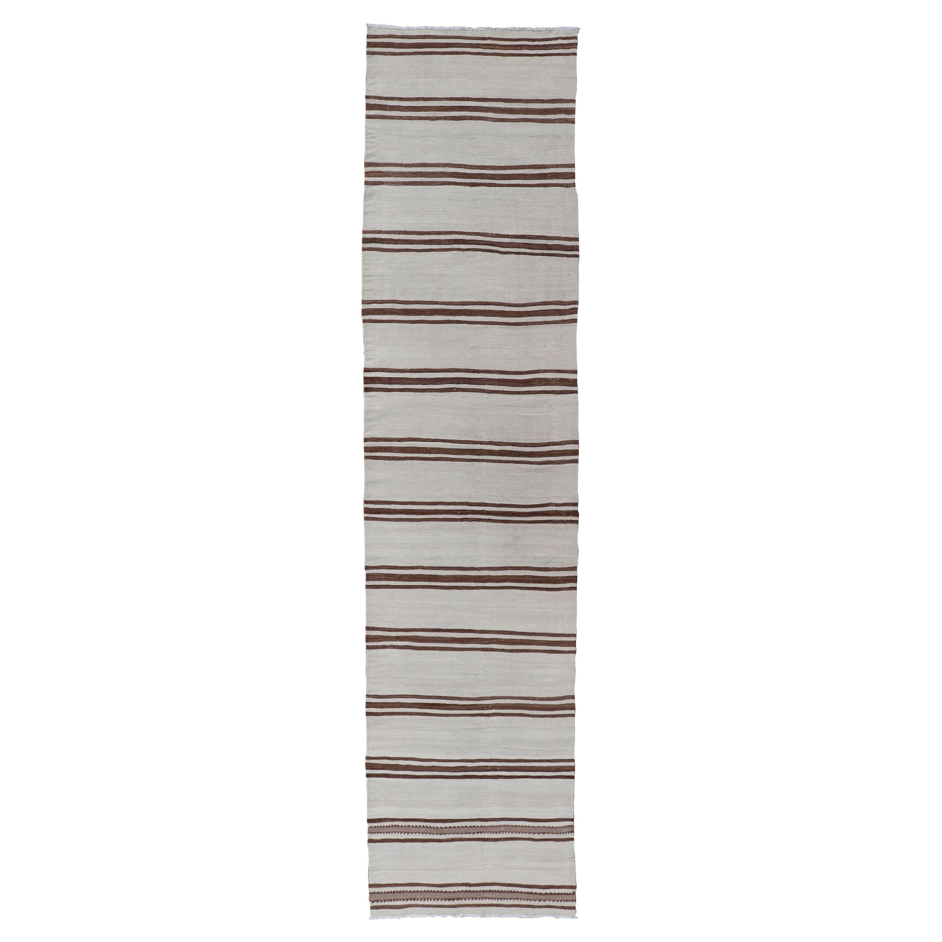 Long Vintage Turkish Natural Kilim with Stripes in Ivory, Taupe and Brown For Sale