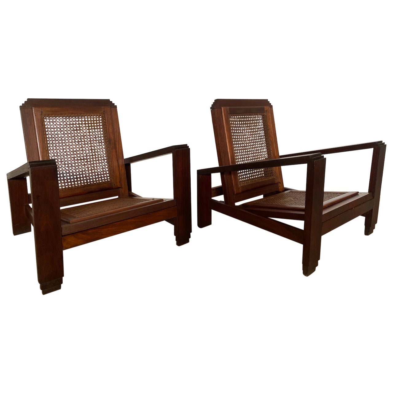 Pair of Art Deco Armchairs, Colonial French Work in Solid Mahogany, 1930