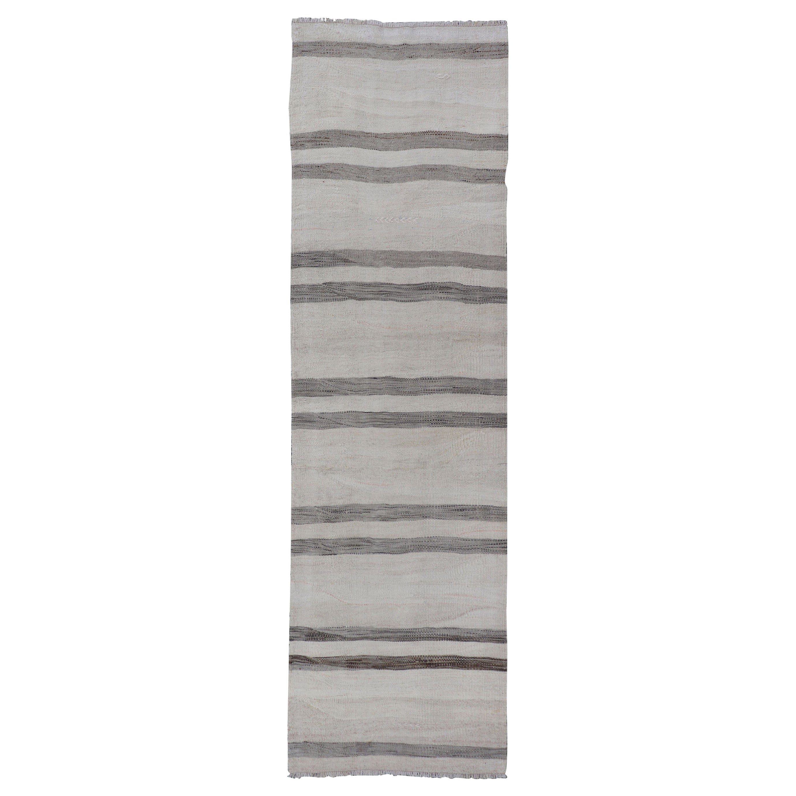 Vintage Turkish Kilim Rug with Variegated Stripes in Charcoal, Gray and