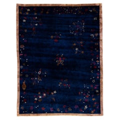 Blue Antique Art Deco Chinese Handmade Floral Wool Rug