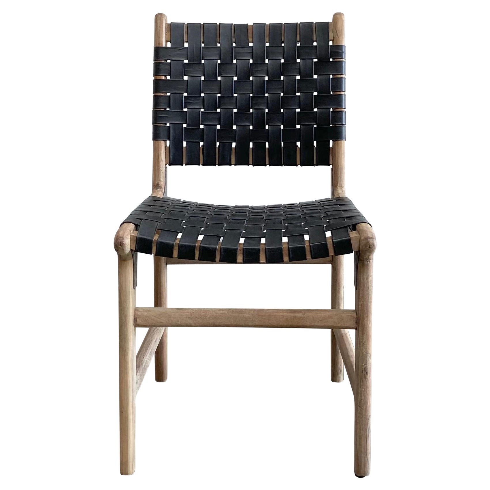 Teak Wood and Black Vintage Leather Woven Strap Dining Chairs For Sale